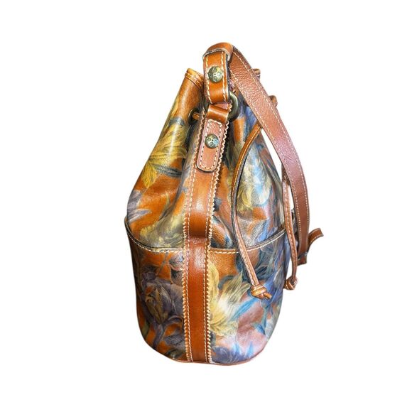 Patricia Nash Riano brown leather drawstring bucket bag Painted Irises floral - Picture 3 of 7